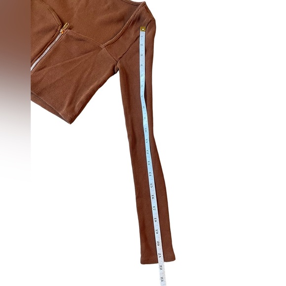 PACSUN L.A. Hearts Brown Square Neck Long Sleeve Ribbed Zip Up Crop Top Small - Picture 9 of 12